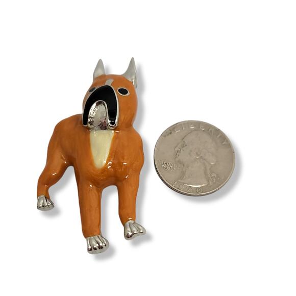 3D Tan and Black Enamel Boxer Dog Silvertone Dog Brooch Pin - Picture 2 of 4